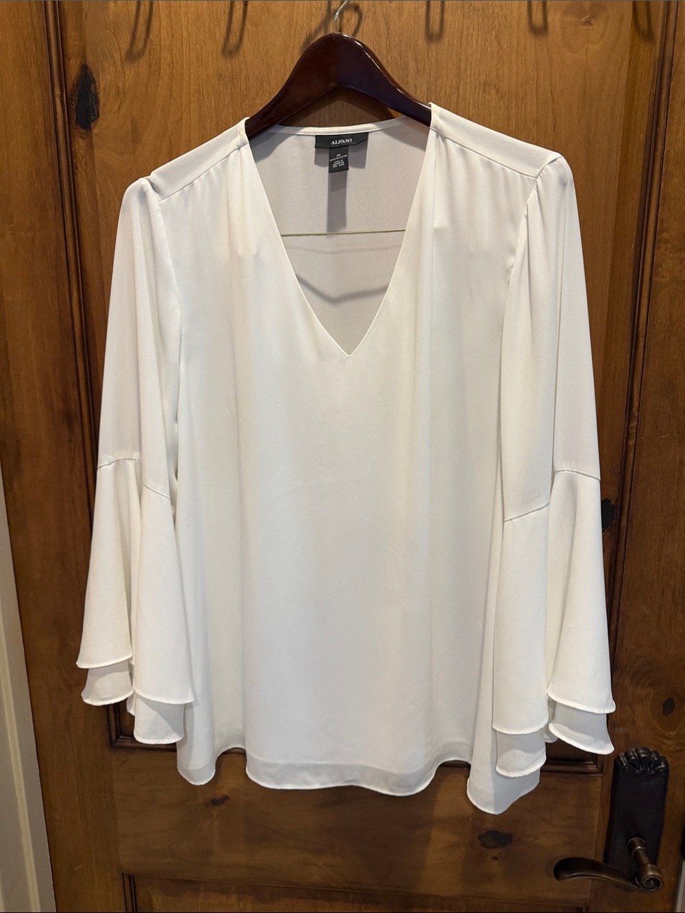 Alfani White V-Neck Blouse with Tiered Bell Sleeves